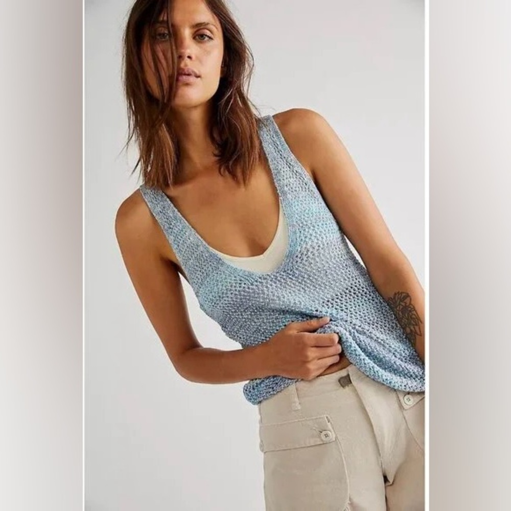 NWOT Free People Under The Starlight Blue Crochet Knit Tank XS